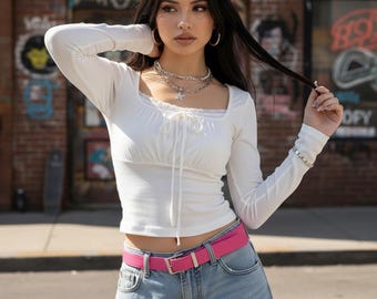 Y2K Long Sleeve Crop Top – White Lace Trim Tie Front Shirt, Aesthetic Square Neck Top, Cute Slim Fit Feminine Streetwear