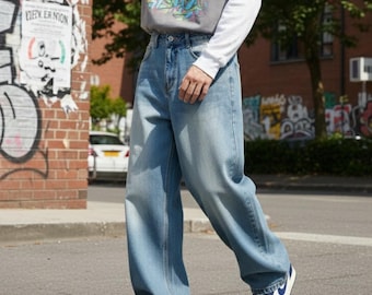 Wide Leg Baggy Jeans – Korean Style Loose Fit Denim Pants, Vintage Streetwear Blue Trousers, Unisex Casual Jeans