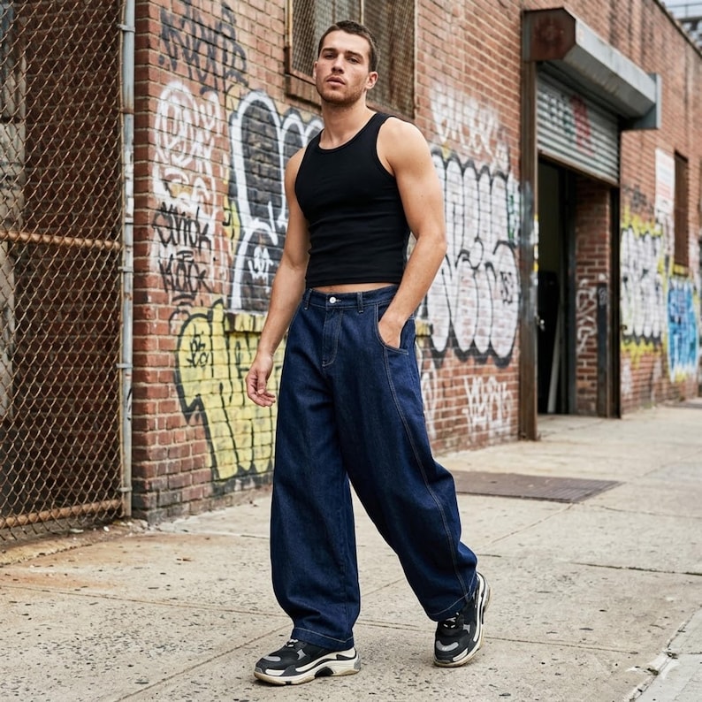 Raw dark denim baggy wide leg jeans for men featuring loose streetwear style and oversized silhouette.