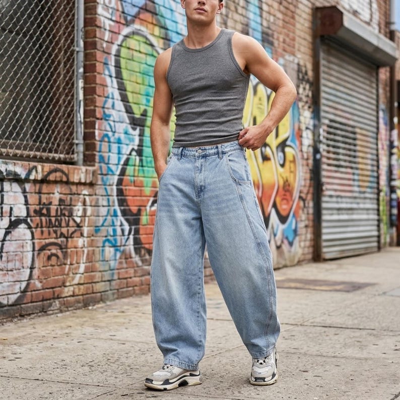 Men wearing light blue baggy wide leg denim jeans styled with sneakers and tank top in urban streetwear outfit.
