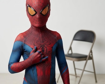 Spiderman Costume Kids – Boys Superhero Bodysuit with Mask, Halloween Cosplay Outfit, Red Blue Dress Up Suit, Birthday Gift