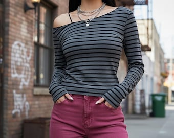 Striped Off-Shoulder Knit Top – Slim Fit Stretch Long Sleeve Street Style Blouse