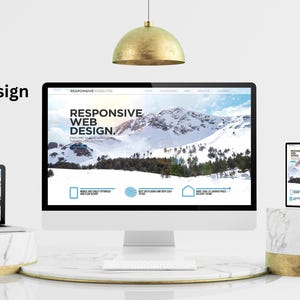 May include: A display of digital devices showcasing responsive web design. A laptop, desktop monitor, tablet, and smartphone are arranged on pedestals. The text "Custom Wix Studio Website Design" is visible.