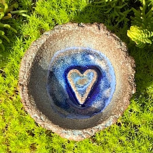 Blue glazed ceramic bowl with heart and recycled glass  Altar Tea light holder Incense dish Love gift