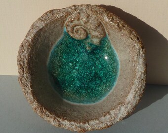 Turquoise blue and white glazed ceramic bowl with recycled glass and seashell Beach Ocean Bathroom Sea