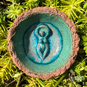 Verdigris green glazed ceramic bowl with goddess figure and recycled glass  Altar Tea light holder Incense dish Love gift