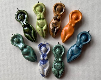 Earth Mother Goddess ceramic pottery glazed pendant green pink turquoise red brown blue Pagan Wicca Altar Fertility Amulet
