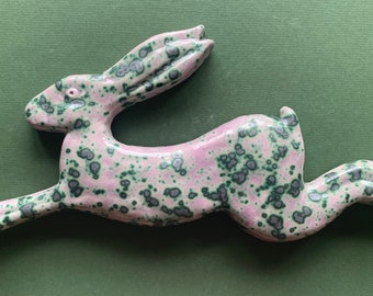 Ceramic hare sculpture wall decoration speckled pink glazed earthenware clay pottery