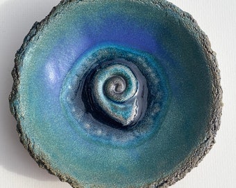 Turquoise blue glazed ceramic bowl with recycled glass and spiral beach sea ocean