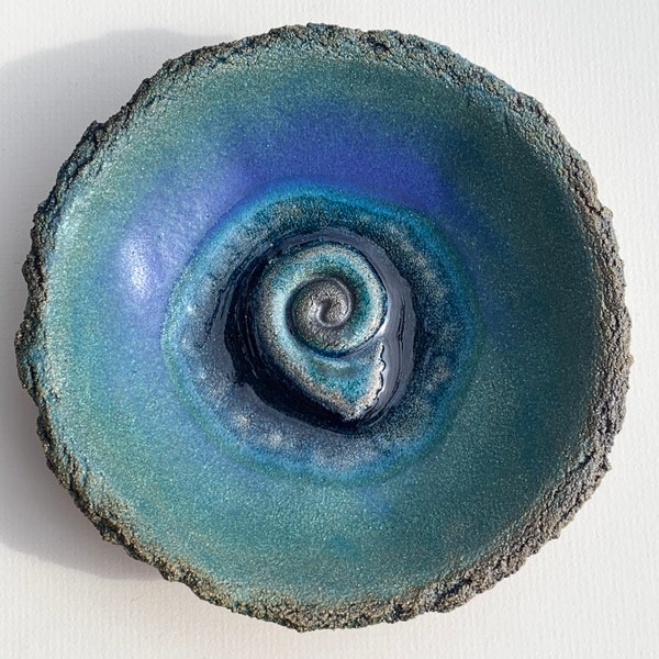 Turquoise blue glazed ceramic bowl with recycled glass and spiral beach sea ocean