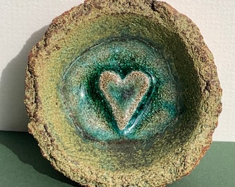 Green glazed ceramic bowl with heart and recycled glass  Altar Tea light holder Incense dish Love gift
