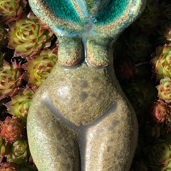 Earth Mother Goddess green glazed ceramic stoneware sculpture wall decoration with recycled green glass Pagan Wicca Altar Garden