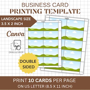 Op de afbeelding: Visitekaartjes afdruk sjabloon, landschapsformaat 3,5 x 2 inch (8,9 x 5,1 cm). Dubbelzijdig ontwerp met Canva drag & drop interface. Druk 10 kaarten per pagina af op US Letter papier (21,6 x 27,9 cm).