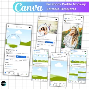 May include: A mock-up of Facebook profile pages with the Canva logo and the text "Facebook Profile Mock-up Editable Templates". The pages display profile layouts with placeholder images and text, showcasing design options.