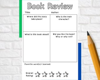 Może przedstawiać: Biały arkusz recenzji książki z tytułem "Book Review" u góry. Arkusz zawiera sekcje na tytuł, autora i pytania dotyczące książki. Żółty ołówek znajduje się po prawej stronie arkusza.