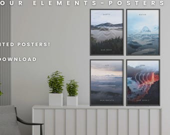 Four Elements Prints, Earth, Air, Fire, Water, Classical Elements, Alchemy Elements Prints, Set of 4 Element Prints
