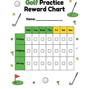 May include: A white golf practice reward chart with green and yellow accents. The chart includes sections for putting, chipping, and driving, with spaces to track progress. The text "Golf Practice Reward Chart" is at the top.