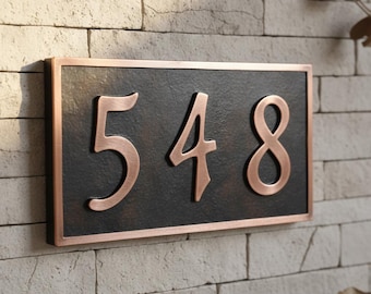 Handmade Dark Patina Copper Address Plaque, 3-5 Numbers Horizontal Sign