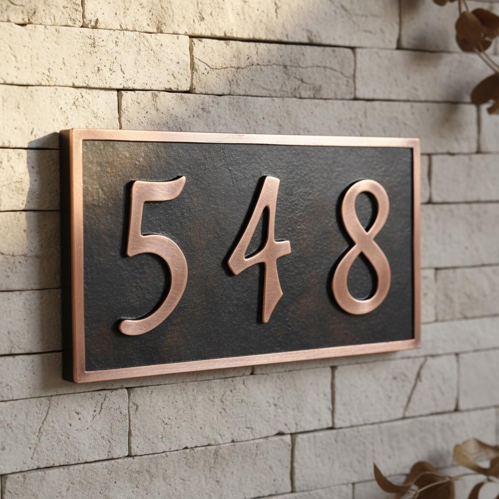 Handmade Dark Patina Copper Address Plaque, 3-5 Numbers Horizontal