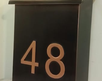 Large vertical Flush Mount Patina Copper Mailbox with embossed house numbers