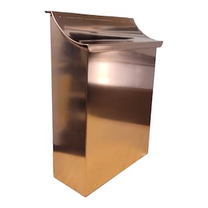 May include: A copper mailbox with a slanted top and a rectangular body. The mailbox is made of a smooth, shiny metal.