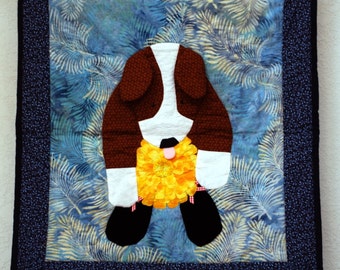 naughty dog with applique stolen flower quilted wall hanging