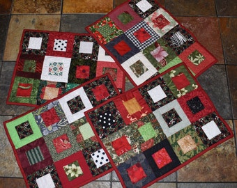 ready to ship reversible Christmas themed quilted placemats, square in a square, set of four