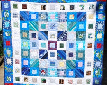 blue and white geometric lap, crib or wallhanging quilt