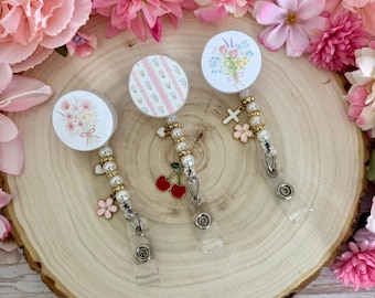Custom Badge Reel with Personalized Charms and Pearl Beads, Cute Accessories for Work, Retractable ID Holder, Alligator Clip