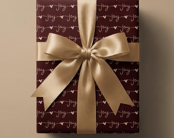 Papel de regalo navideño elegante "Alegría", papel de regalo minimalista color burdeos para las fiestas.