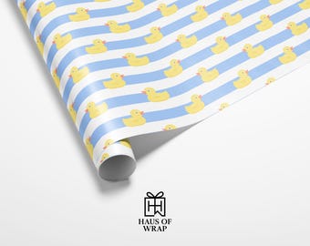 Baby Shower Wrapping Paper | Blue Gift Wrap with Yellow Rubber Ducks and Stripes
