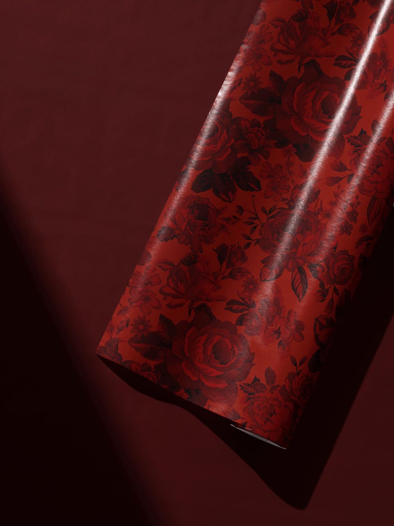 Red Rose Wrapping Paper, Romantic Floral Gift Wrap, Vintage Wedding Paper, Dark Academia Aesthetic, Valentines Day Gift image 1