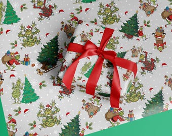 Mean One Christmas Gift Wrap, Green Grinch Holiday Paper, Kids Xmas Wrapping Paper
