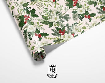 Botanical Christmas Wrapping Paper | Red Berries & Holly Gift Wrap