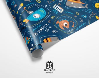 Papel de regalo con temática de submarinos / Papel de regalo divertido con temática de vida marina submarina para niños