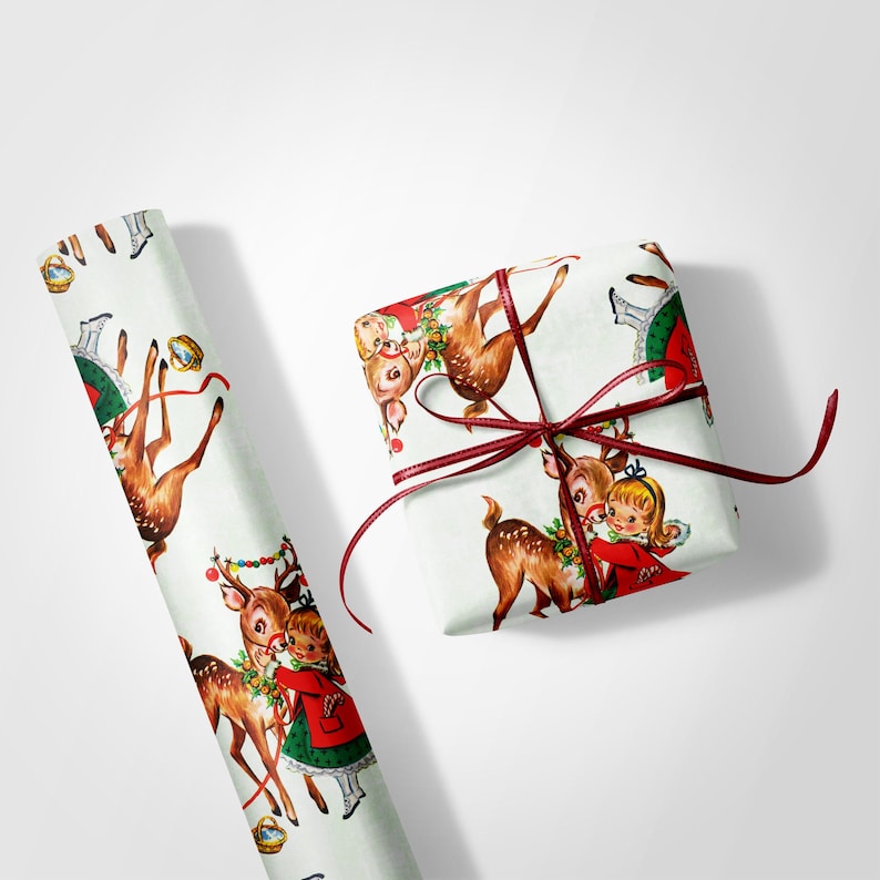 Retro Christmas Wrapping Paper, Kitschy 1950s Vintage Fawn Gift Wrap for Holidays image 8
