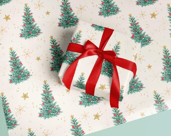 Elegant Christmas Tree Gift Wrap, Illustrative Holiday Wrapping Paper, Gold Star Xmas