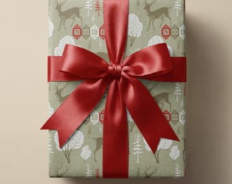 Woodland Reindeer Christmas Gift Wrap, Farmhouse Holiday Paper