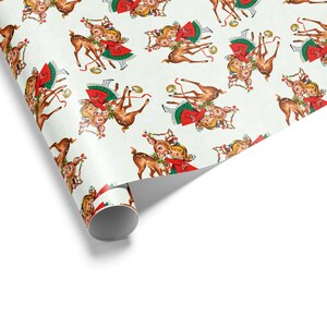 Retro Christmas Wrapping Paper, Kitschy 1950s Vintage Fawn Gift Wrap for Holidays image 2