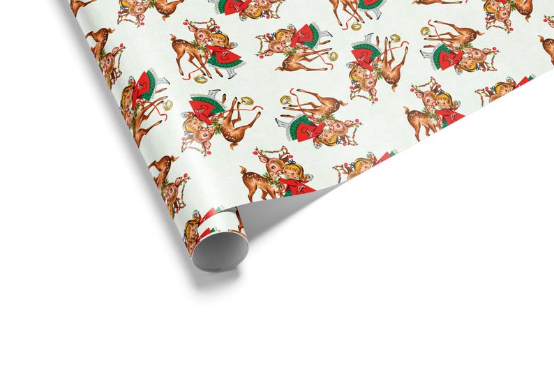 Retro Christmas Wrapping Paper, Kitschy 1950s Vintage Fawn Gift Wrap for Holidays image 2