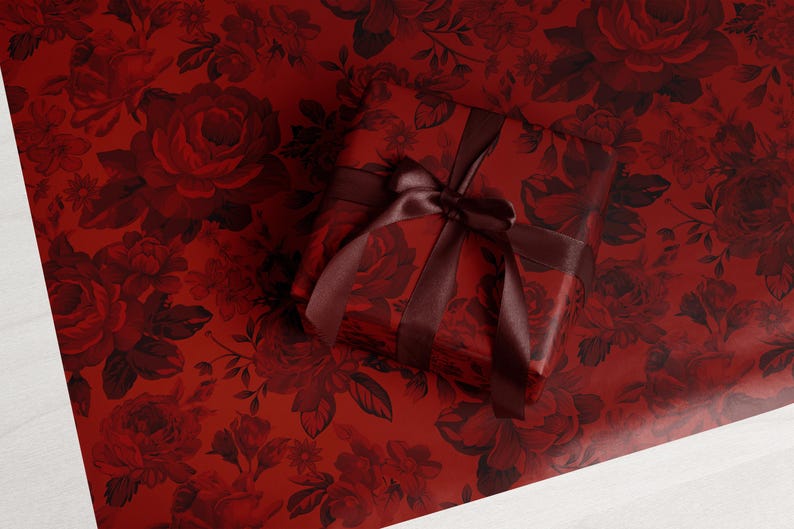 Red Rose Wrapping Paper, Romantic Floral Gift Wrap, Vintage Wedding Paper, Dark Academia Aesthetic, Valentines Day Gift image 2