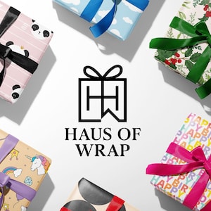 May include: Overhead view of wrapped presents with diverse patterns and ribbons. Gifts feature panda faces, clouds, unicorns, and festive designs. They are tied with black, blue, green, purple, and pink ribbons. The logo "HAUS OF WRAP" is in the centre.