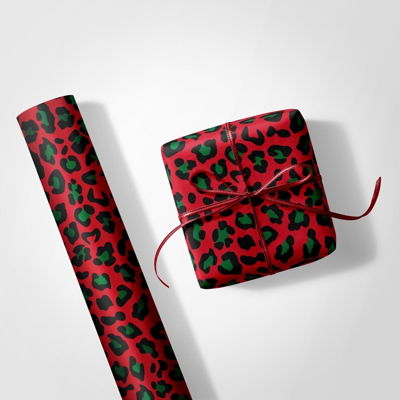 Leopard Weihnachtsgeschenkpapier, trendiger roter Tierdruck, eleganter Urlaub Bild 4