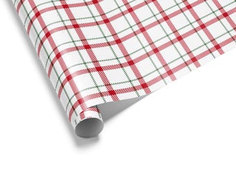 Papel de regalo navideño de tartán blanco / Cuadros rojos y verdes