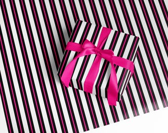 Papier cadeau rayé rose fuchsia, emballage cadeau preppy chic pour anniversaire et enterrement de vie de jeune fille