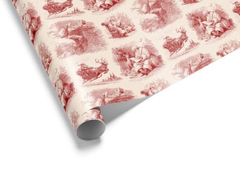 Christmas Toile Wrapping Paper, Vintage French Country Gift Wrap