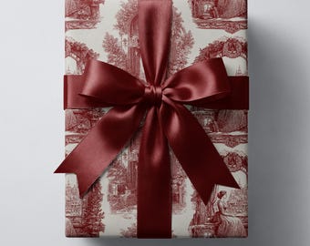 Papel de regalo navideño rojo Toile, elegante papel navideño vintage, Navidad campestre francesa