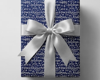 Navy Script Christmas Gift Wrap, Elegant Holiday Wrapping Paper, Moody Blue Xmas