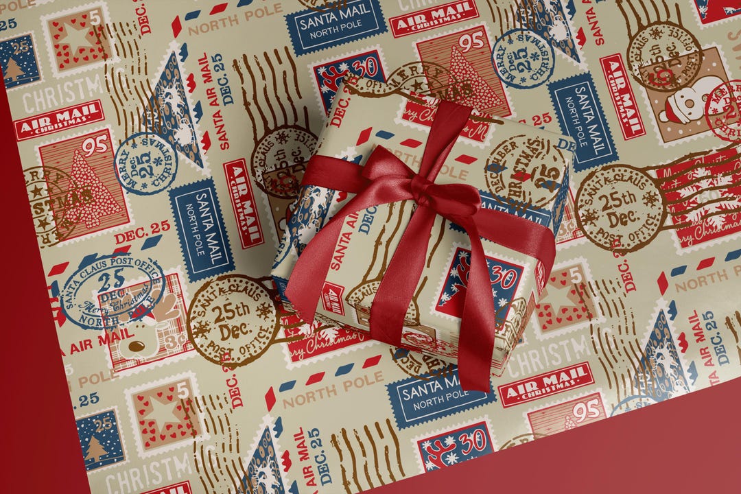 Wrapped Stamp Vintage Santa Mail Christmas Gift Wrap, Rustic Postage Stamp Holiday ...