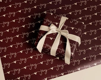 Elegant "Joy" Christmas Gift Wrap, Minimalist Burgundy Holiday Wrapping Paper